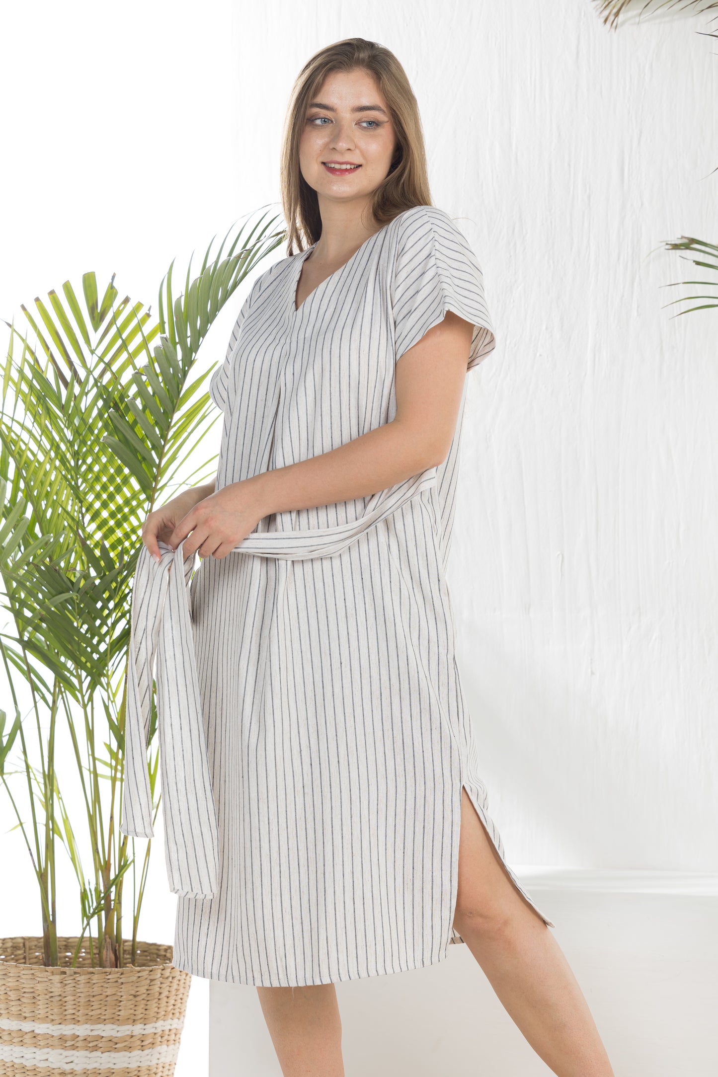 Linen Midi Tied-waist Dress