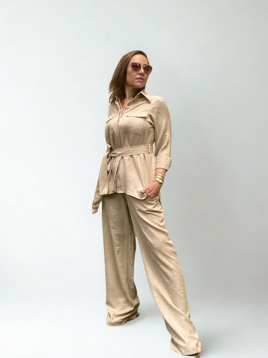 Linen Blend Beige Pantsuit