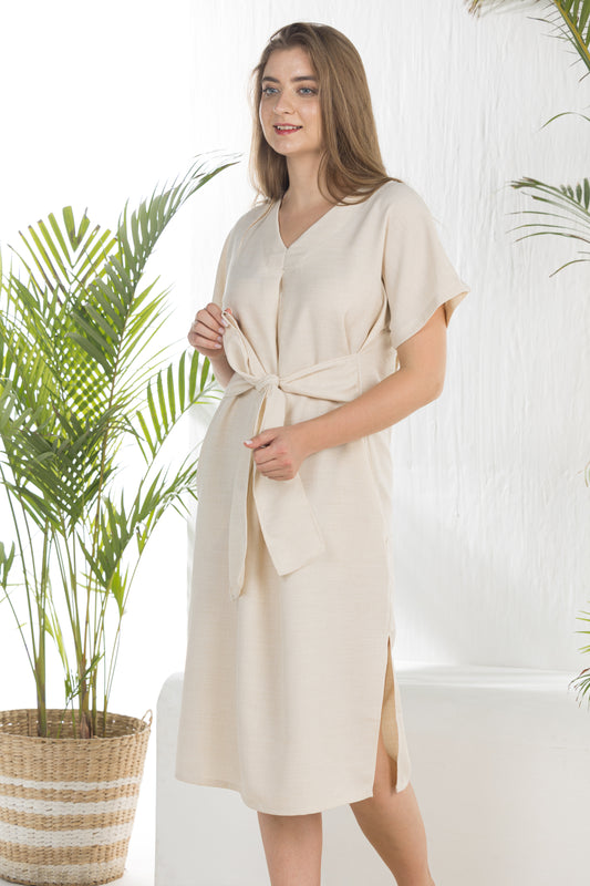 Linen Midi Tied-waist Dress