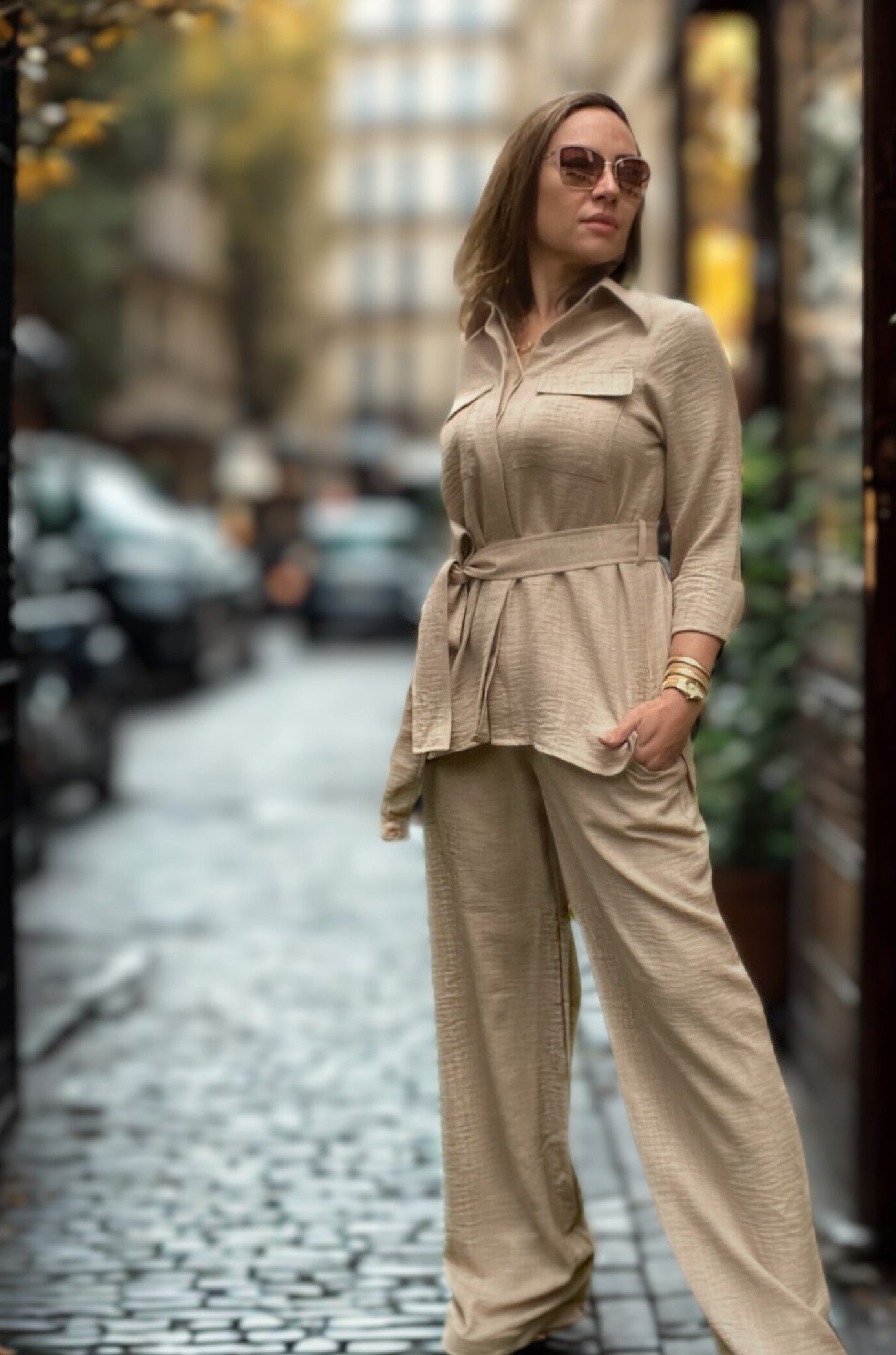 Linen Blend Beige Pantsuit