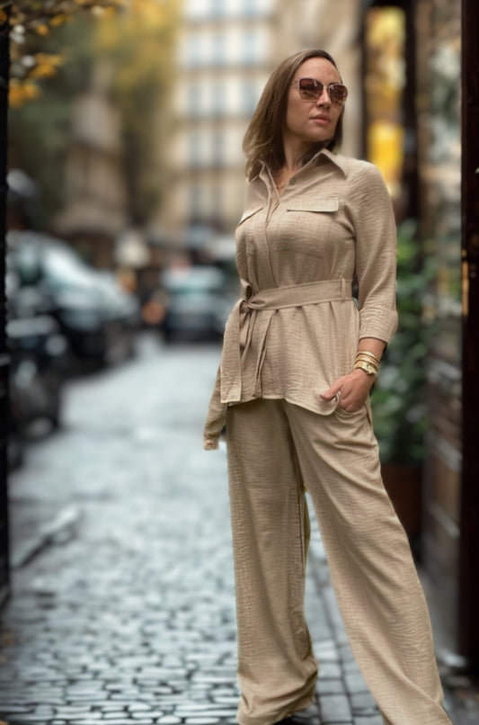 Linen Blend Beige Pantsuit